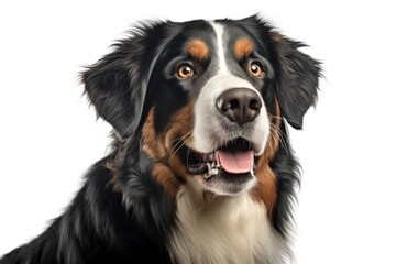 studio headshot portrait of brown white and black medium mixed breed dog smiling against a green background AI generative