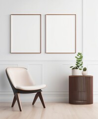 Blank picture frame mockup on white wall. Modern living room design. View of modern scandinavian style interior, minimalism concept. Two vertical templates for artwork, painting, photo or poster