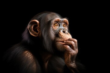 A close up chimpanzee portrait. the monkey pondered the question. AI generative