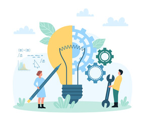 Business plan creation, development of creative solutions vector illustration. Cartoon tiny people create idea light bulb with pencil and wrench, brainstorm work with gears inside lamp engine