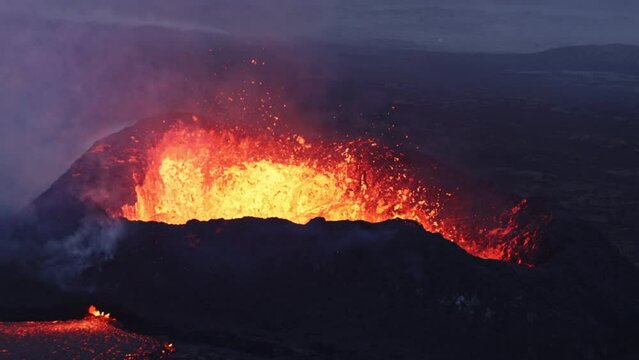 Aerial Panoramic footage of Litli-Hr&uacute;tur Volcano Eruption. Iceland 28.7.2023., Fagradalsfjall. Drone footage, Lava is Exploding and Spreading out of Crater.