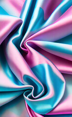Beautiful light pink blue silk satin surface. Soft folds on shiny fabric. Pink aqua silk fabric satin. Luxury teal background with space for text, design. Web banner. Generative Ai.