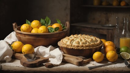 Obraz na płótnie Canvas Antique kitchen table, antique pastry tools, fresh orange and lemon, fruit in an old wooden bowl. A pair of hands and arms dressed in white cotton rolling pastry. A fruit pie. A loaf of fresh bread 