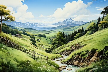 Fototapeta na wymiar Light watercolors landscapes, green hills,