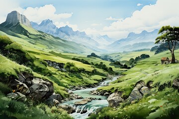 Light watercolors landscapes, green hills,