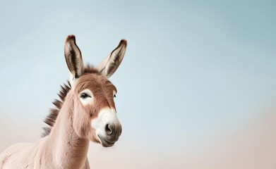 Creative animal concept. Long hair donkey over pastel bright background. Generative AI.
