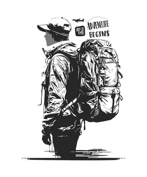 hiker with backpack adventure begins clip art preview