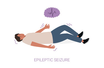 Epileptic seizure. Man laying on the floor and shaking. Epilepsy. Vector