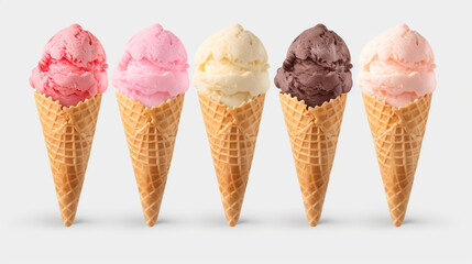 ice cream scoop on waffle cone on trasparent background cutout, many assorted different flavour mockup template for artwork design