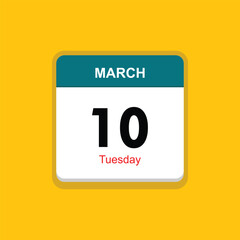 tuesday 10 march icon with black background, calender icon