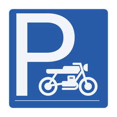 Printable rectangle blue and white motorcycle, motor bike, motorbike parking area sign with P letter and vintage motor bike symbol - obrazy, fototapety, plakaty