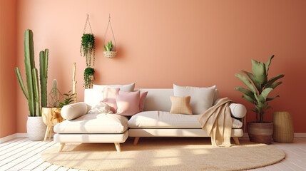 Fototapeta na wymiar Cozy living room design with a white sofa, various plants, and a bright peach-colored wall mockup - Generative Ai