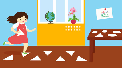 Girl in a school classroom, vector illustration in flat design style.