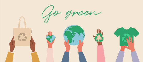 Go green. Hands holding recylcing sign, planet, thrift clothing. Eco friendly poster. Vector