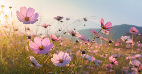 Obraz na płótnie Canvas pink blooming violet field background meadow flower sunset nature beautiful colorful. Generative AI.