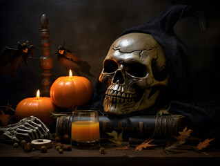 halloween background with pumpkin and skull