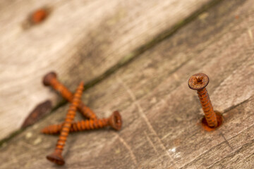 Top view of turned rusty screw on weathered pine wood decking planks