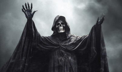 Fototapeta na wymiar halloween horror creepy ghost skeleton hood night death evil fear. Generative AI.