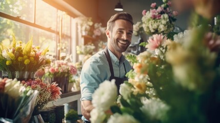Smiling florist man flowers seller in flowers shop, attractive man works with bouquet of beautiful fresh flowers in shop, happy floral designer handling flowers, floristry business, generative AI - obrazy, fototapety, plakaty