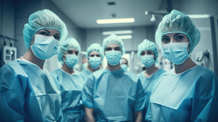 Surgeon team in surgical operating room, talented surgeons wearing medical masks successfully performed complex surgery on patient, group portrait of physicians in medical coat and cap, generative AI