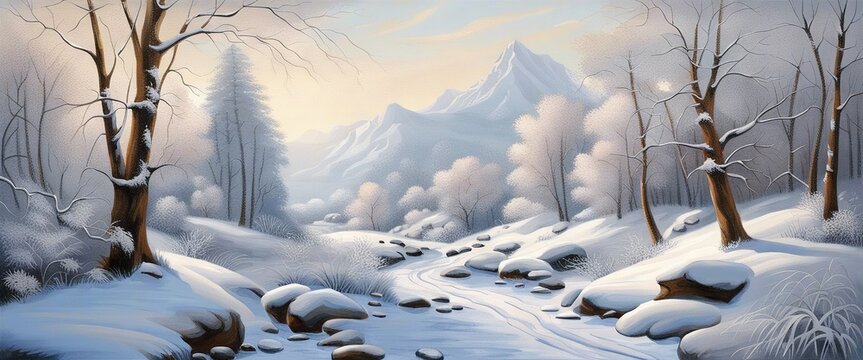 Banner Northern winter landscape with trees and river image generative ai.