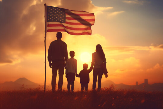 Patriotic American Family Gazing at the Sunset with US Flag in Hand - AI generated