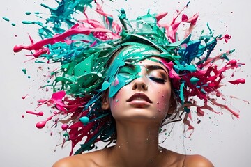 Vivid hues of blue, pink splashing on a girl, girl with paint