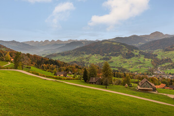 Toggenburg Valley in autumn with the Churfirsten mountains in background, Wattwil, Canton St. Gallen, Switzerland