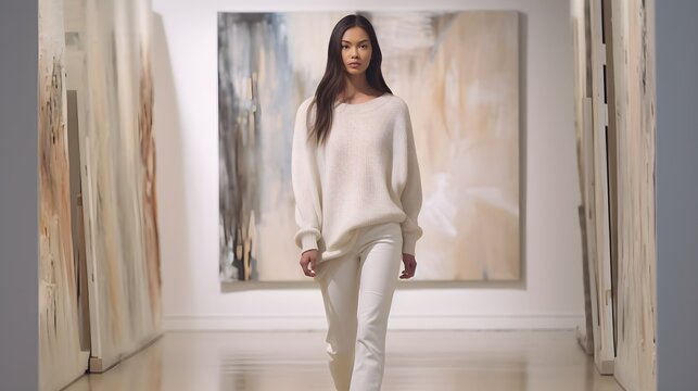 a woman in a white sweater and white pants walking in a room