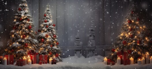 Beautifully adorned Christmas trees surrounded by seasonal decorations in a snowy village scene.