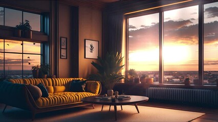 luxury living room, animated virtual backgrounds, stream overlay loop, sofa cozy interior golden hour sundown, vtuber asset twitch zoom OBS screen, anime chill aesthetic