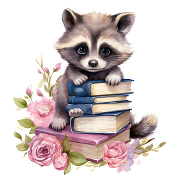 Baby Racoon With Flower And Books Clipart