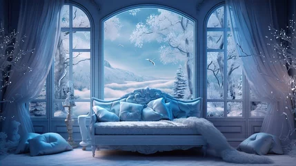 Fotobehang Fairy tale castle, princesses room with window and winter landscape, room with decorated trees, in white design, Generative AI © GlobalGraphics