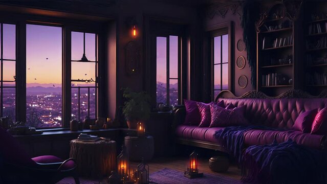 Animated virtual backgrounds, stream overlay loop, cozy lo-fi living room at sunset, vtuber asset twitch zoom OBS screen, anime chill hip hop.