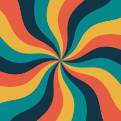 70s retro wavy background. Vintage colorful sunburst backdrop. Geometric starburst summer pattern. Sun rays swirl radial lines. Psychedelic hypnotic spiral wallpaper. Twirl banner Vector illustration 