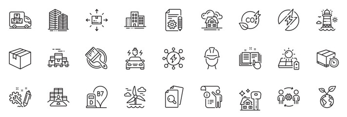 Icons pack as Diesel station, Windmill and Inspect line icons for app include Delivery timer, Skyscraper buildings, Co2 gas outline thin icon web set. Brush, Save planet, Solar panel pictogram. Vector