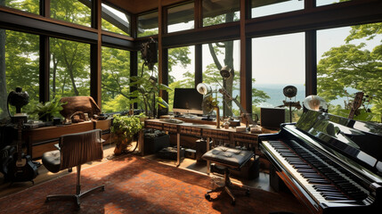Fototapeta premium The home recording studio with an expansive window offering a panoramic view of nature for creative inspiration. Generative AI