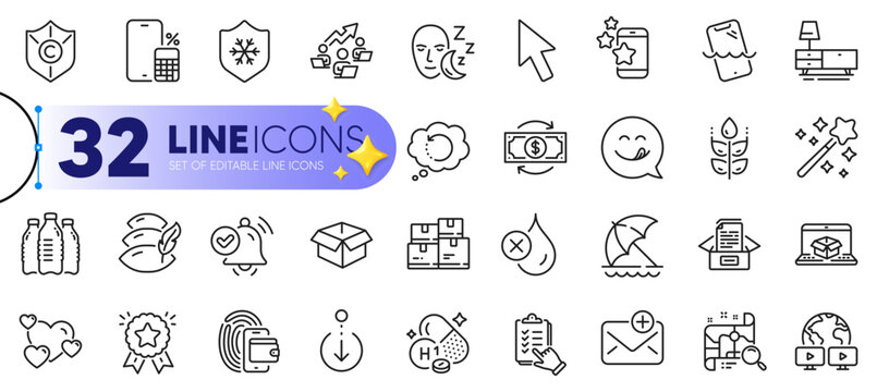 Outline set of Yummy smile, Magic wand and Teamwork chart line icons for web with Water bottles, Ranking star, Vitamin h1 thin icon. Copyright protection, Heart, Scroll down pictogram icon. Vector