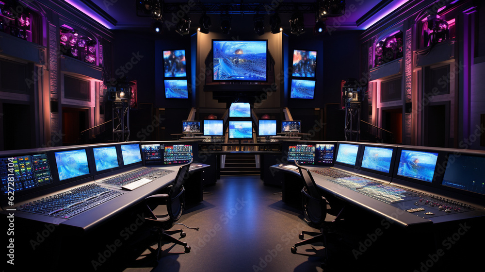 Poster an impressive view of the studio's control room with multiple video monitors for live performances. 