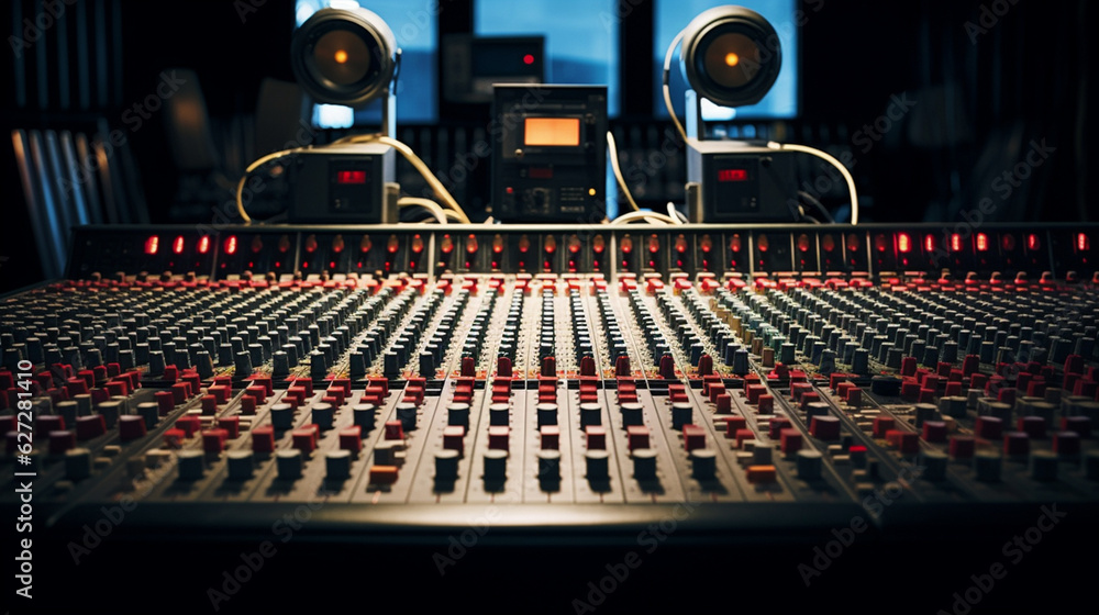 Poster the recording studio's mixing desk showcasing rows of tactile faders and rotary knobs for precise ad