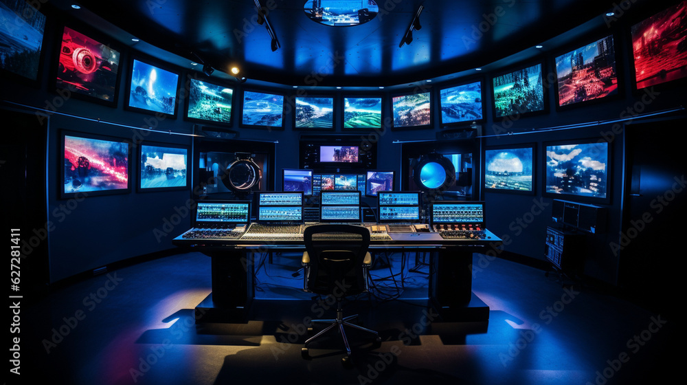 Poster an impressive view of the studio's control room with multiple video monitors for live performances. 