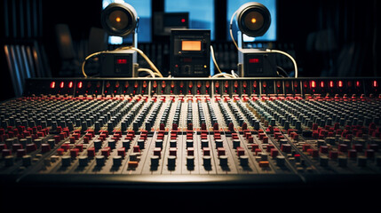The recording studio's mixing desk showcasing rows of tactile faders and rotary knobs for precise adjustments. Generative AI - obrazy, fototapety, plakaty