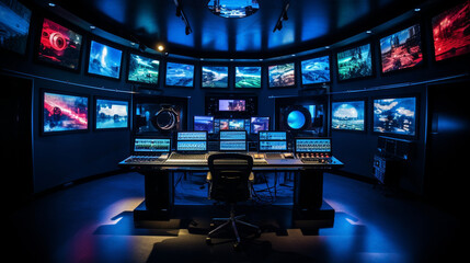 An impressive view of the studio's control room with multiple video monitors for live performances. Generative AI