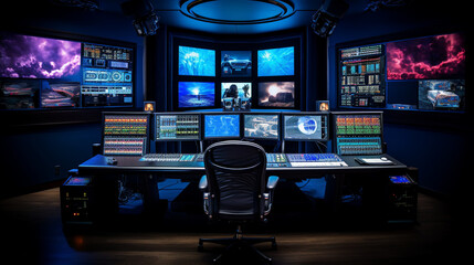 An impressive view of the studio's control room with multiple video monitors for live performances. Generative AI