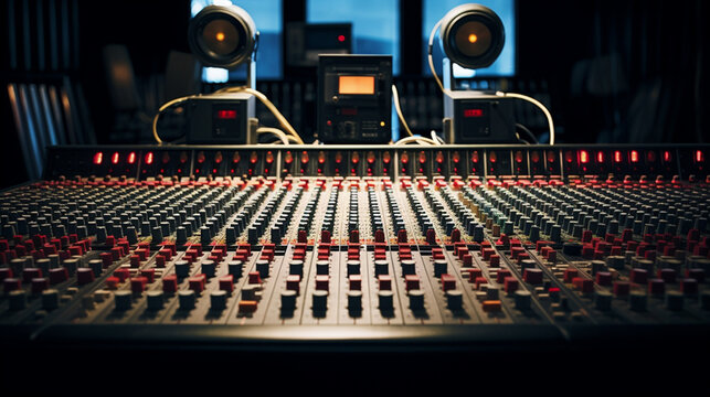 The recording studio's mixing desk showcasing rows of tactile faders and rotary knobs for precise adjustments. Generative AI