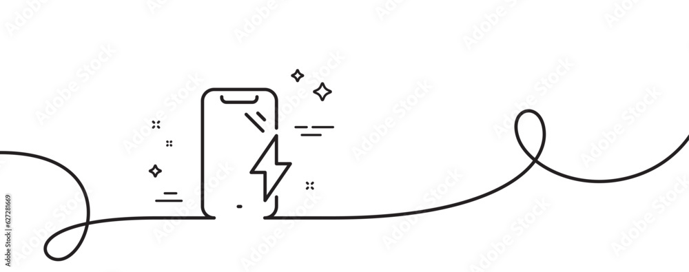 Poster smartphone charging line icon. continuous one line with curl. phone charge sign. mobile device energ