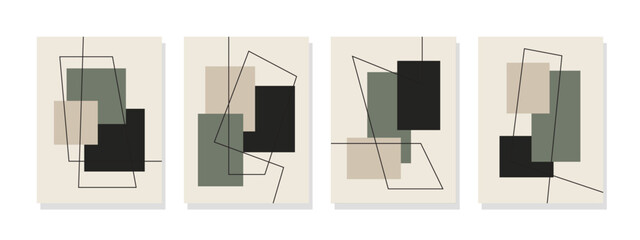 Abstract wall art gallery on a beige backdrop, featuring four captivating paintings with intricate designs and harmonious colors.