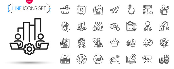 Pack of Family questions, Cardio training and Food delivery line icons. Include Hold heart, Paper plane, Bed bugs pictogram icons. Discount medal, Atom, Loyalty card signs. Judge hammer. Vector