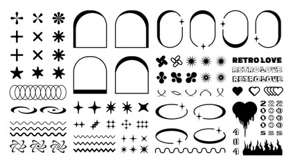 Retro shapes and frames, y2k graphic design elements, vector collection of 2000s graphic geometric forms, signs and symbols.