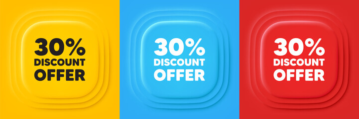 30 percent discount tag. Neumorphic offer banners. Sale offer price sign. Special offer symbol. Discount podium background. Product infographics. Vector